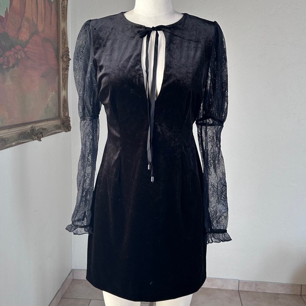 Free People Whimsigoth Dark Fairy Velvet Lace Puff Sleeve Dress Romantic Black S